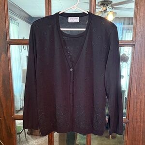 Alfred Dunner Womens Black Beaded V-Neck Button Front Cardigan Sweater Large USA